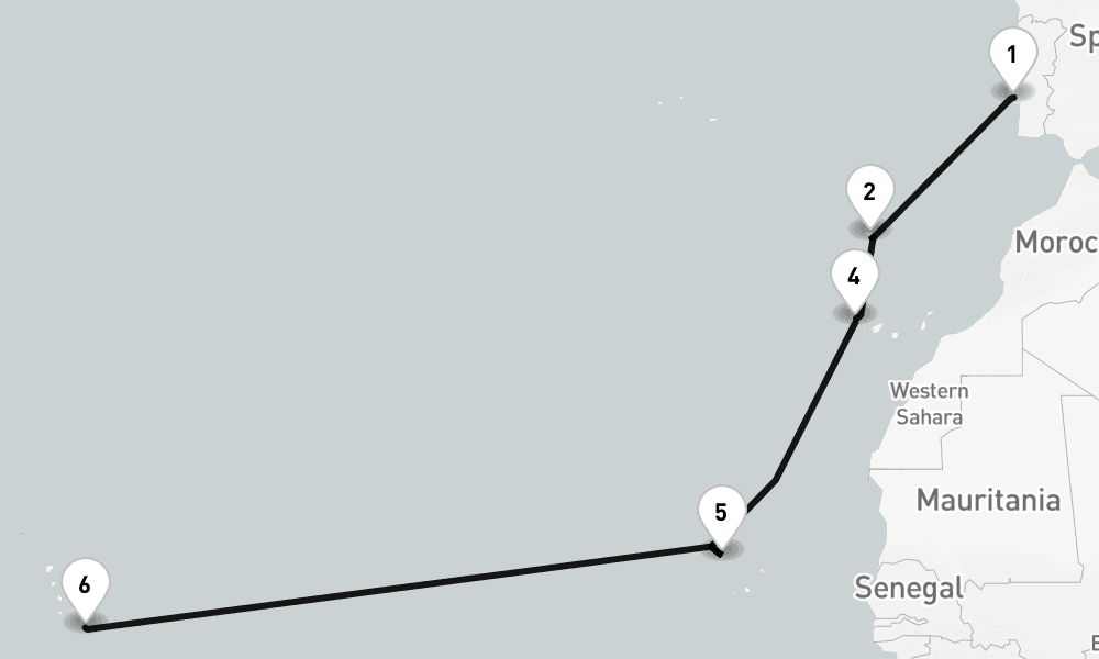 13 nights / 14 days, one-way from Lisbon to Bridgetown (Barbados)