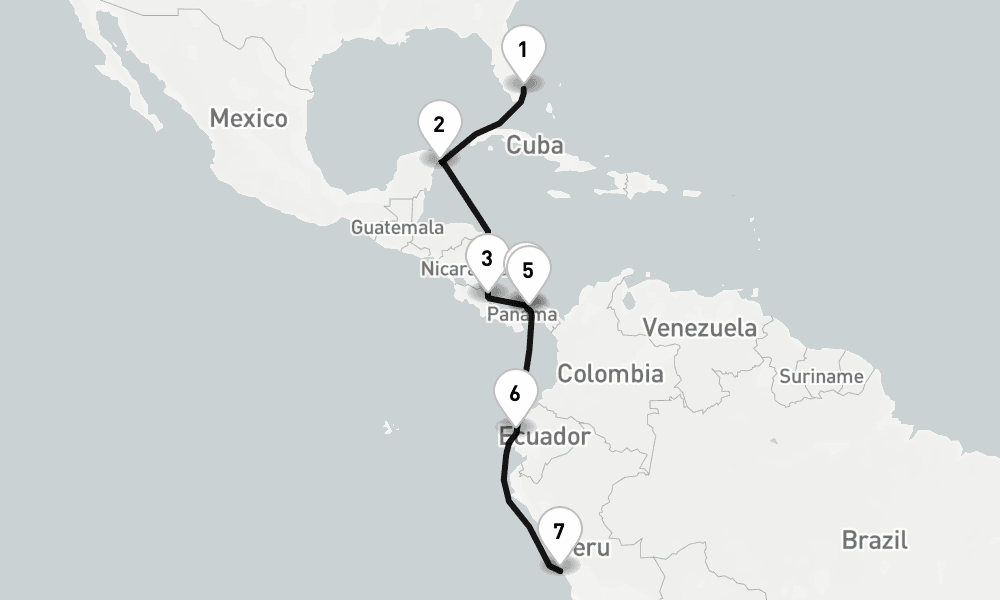 13 nights / 14 days, one-way from Fort Lauderdale (Everglades, Florida) to Callao (Lima, Peru)