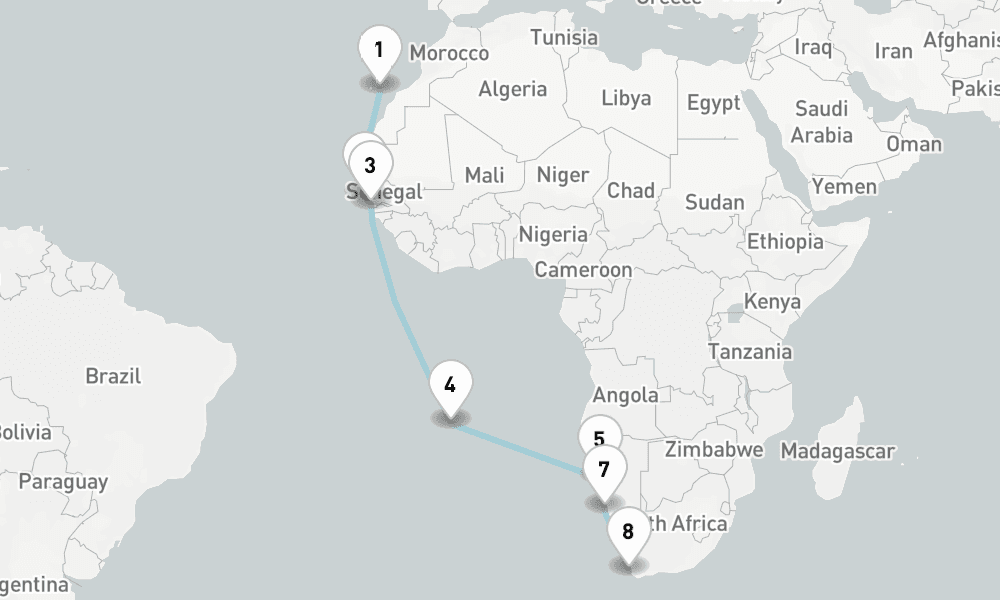 18 nights / 19 days, one-way from Las Palmas (Gran Canaria, Canary Islands) to Cape Town