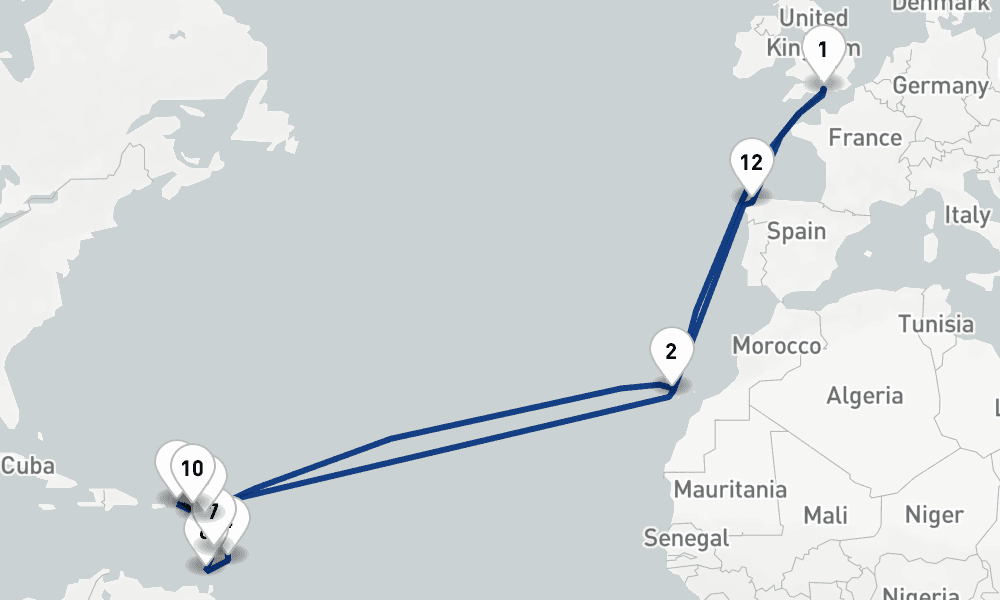 35 nights / 36 days, Southampton (England) Round trip