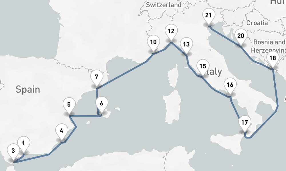 22 nights / 23 days, one-way from Malaga to Venice