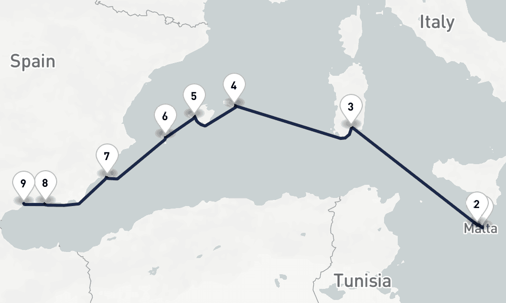 10 nights / 11 days, one-way from Valletta to Malaga