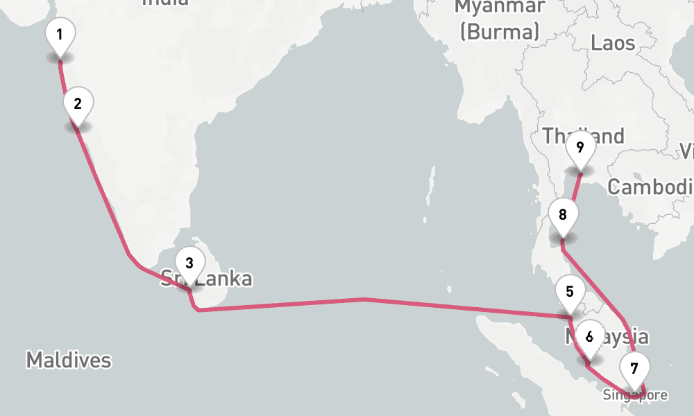 15 nights / 16 days, one-way from Mumbai (Bombay, India) to Laem Chabang (Bangkok, Thailand)