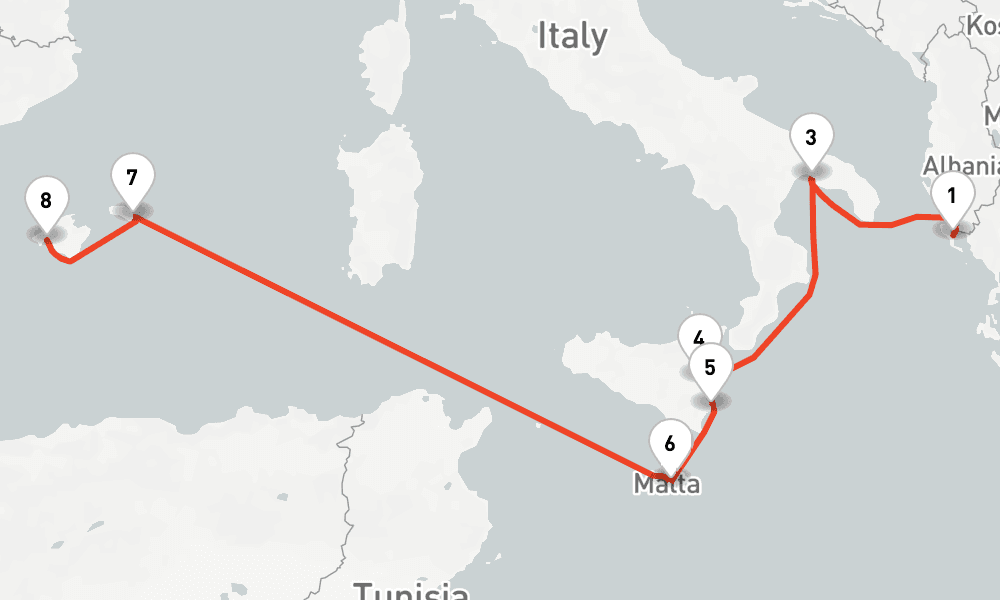 8 nights / 9 days, one-way from Corfu Island to Palma de Mallorca (Majorca Island, Spain)