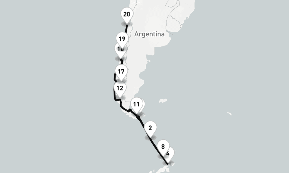 22 nights / 23 days, one-way from Puerto Williams (Navarino Island, Chile Antarctica) to Valparaiso (Santiago, Chile)