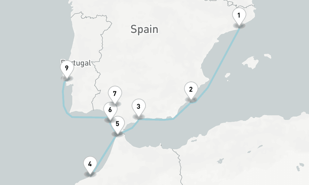 10 nights / 11 days, one-way from Barcelona to Lisbon