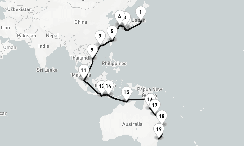 34 nights / 35 days, one-way from Tokyo to Sydney (NSW, Australia)
