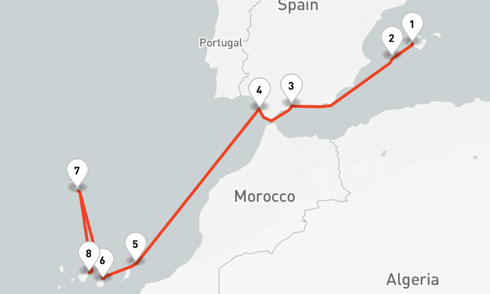 11 nights / 12 days, one-way from Palma de Mallorca (Majorca Island, Spain) to Santa Cruz de Tenerife (Canary Islands)
