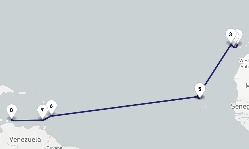 15 nights / 16 days, one-way from Santa Cruz de Tenerife (Canary Islands) to Willemstad (Curacao Island, Dutch Antilles)