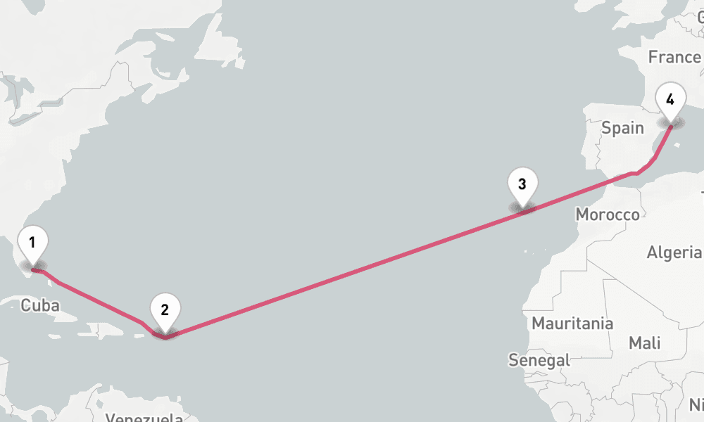 13 nights / 14 days, one-way from Fort Lauderdale (Everglades, Florida) to Barcelona