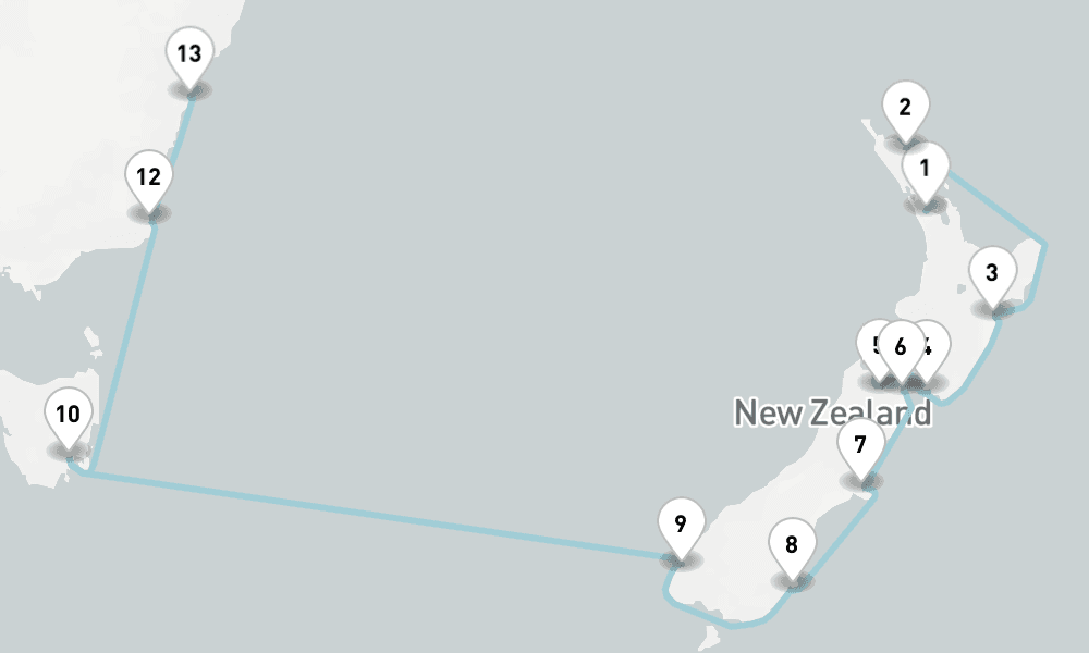 16 nights / 17 days, one-way from Auckland to Sydney (NSW, Australia)