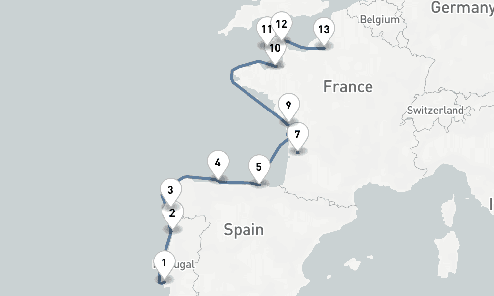 15 nights / 16 days, one-way from Lisbon to Rouen