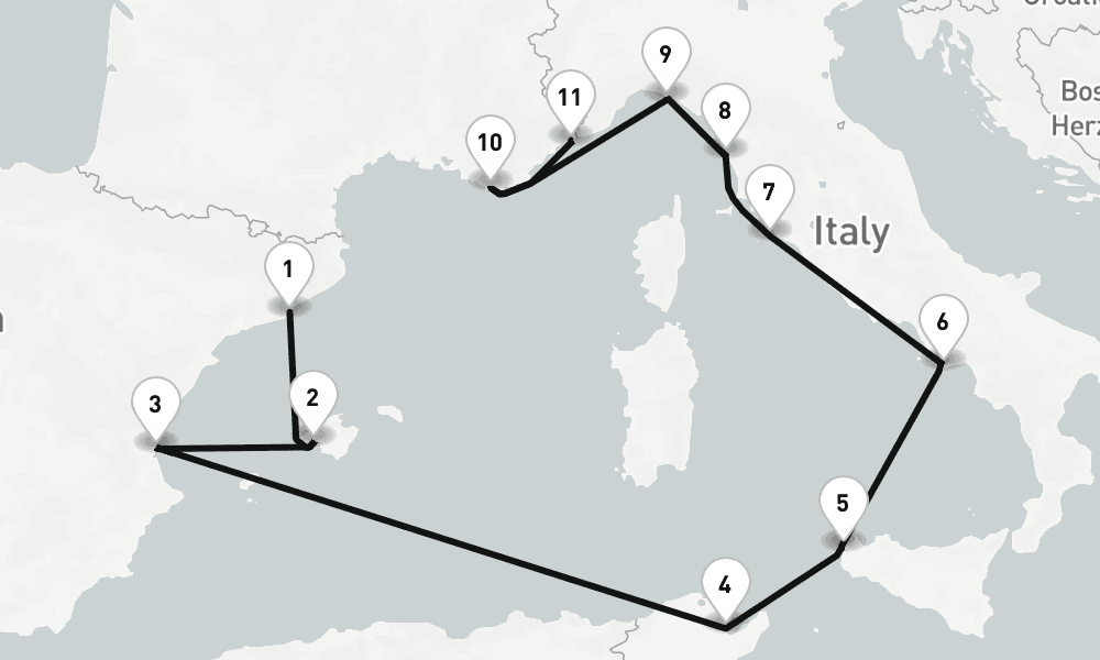 12 nights / 13 days, one-way from Barcelona to Monte Carlo (Monaco, France Riviera)