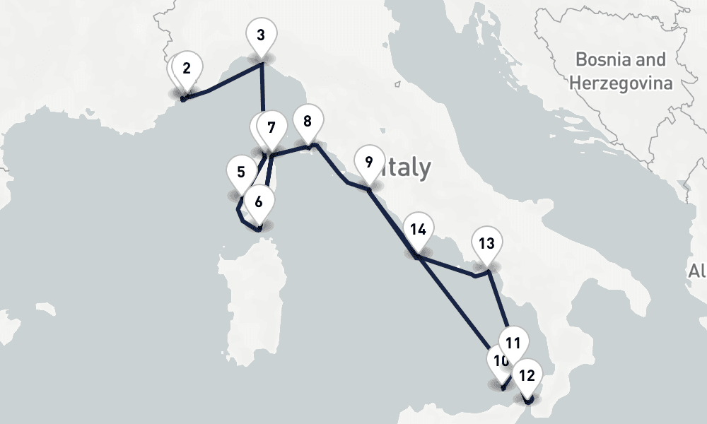 14 nights / 15 days, one-way from Villefranche-sur-Mer (Nice, France Riviera) to Civitavecchia (Rome, Italy)