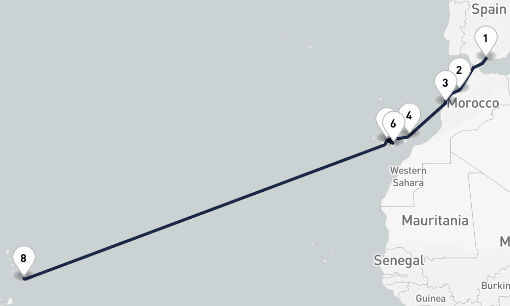22 nights / 23 days, one-way from Malaga to Bridgetown (Barbados)