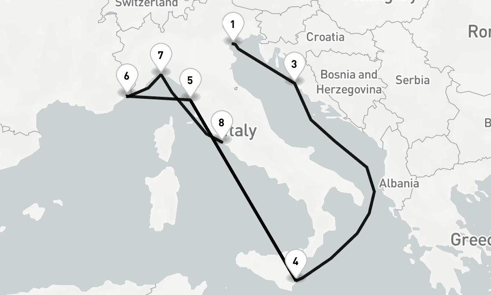 10 nights / 11 days, one-way from Venice to Civitavecchia (Rome, Italy)