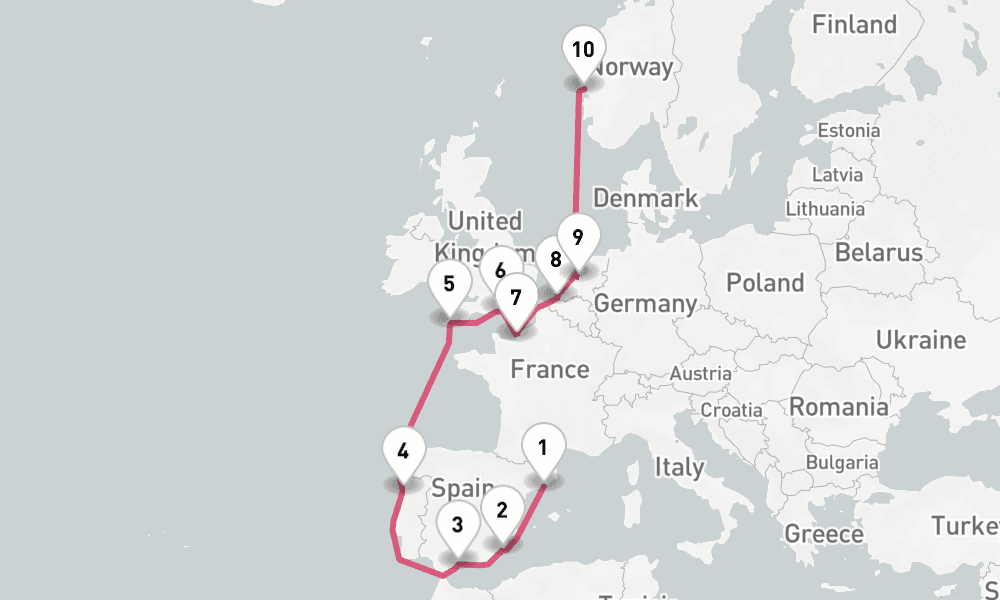 14 nights / 15 days, one-way from Barcelona to Bergen