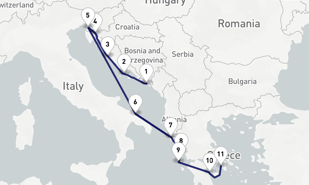 12 nights / 13 days, one-way from Dubrovnik to Piraeus (Athens, Greece)
