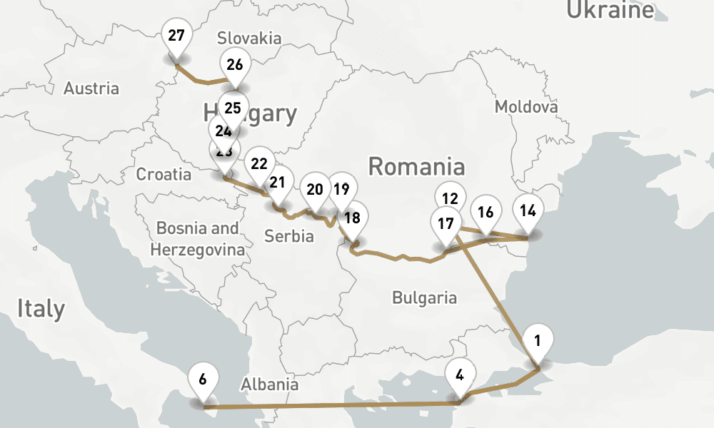 21 nights / 22 days, one-way from Istanbul to Budapest