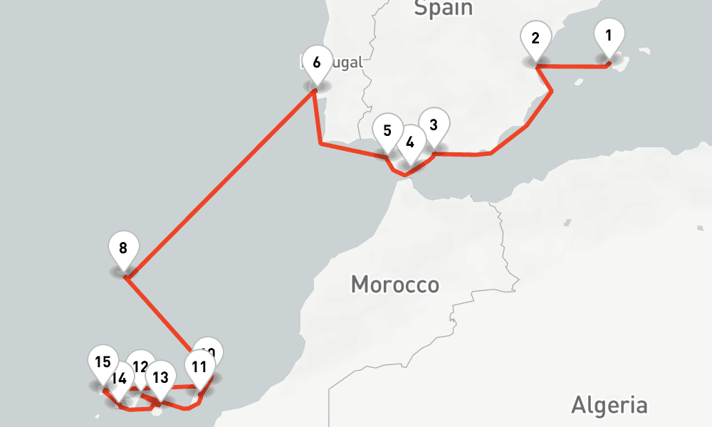 19 nights / 20 days, one-way from Palma de Mallorca (Majorca Island, Spain) to Puerto del Rosario (Fuerteventura, Canary Islands)