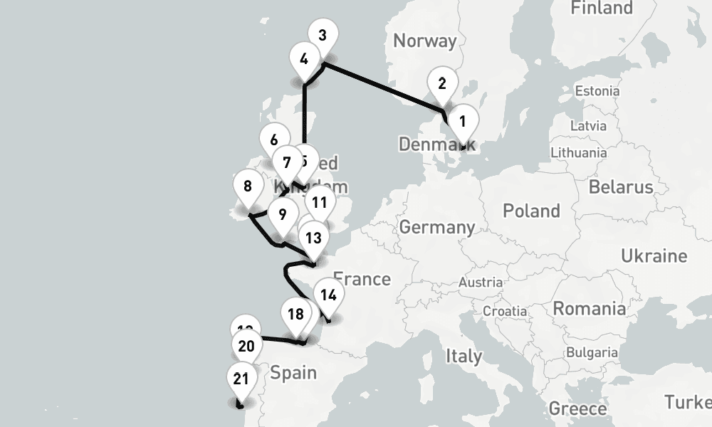 24 nights / 25 days, one-way from Copenhagen to Lisbon