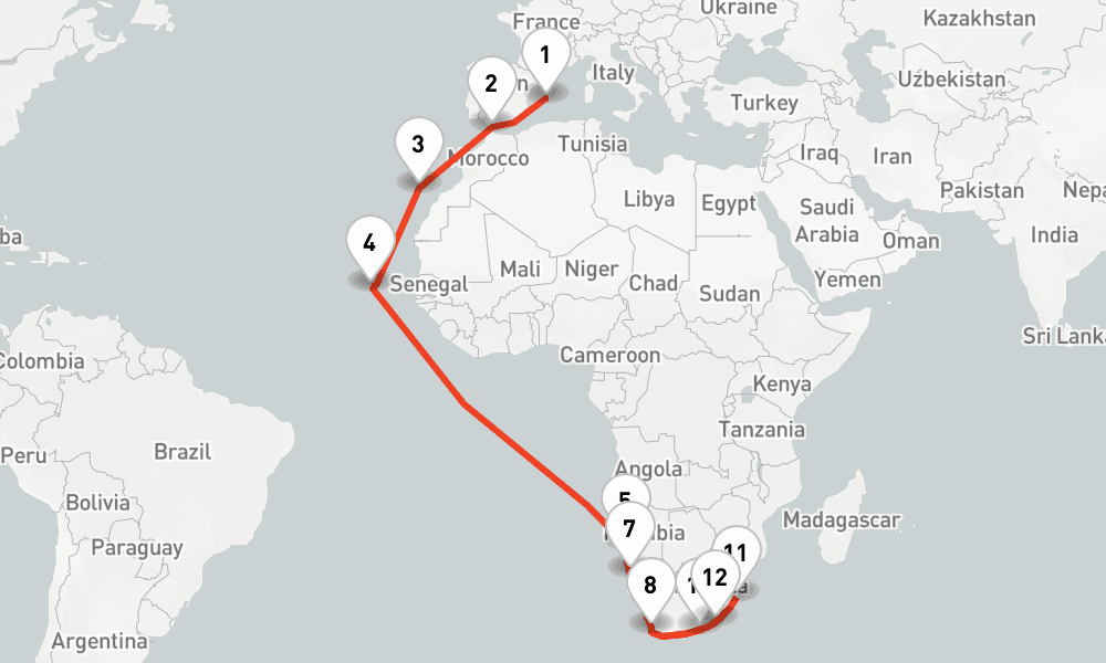 27 nights / 28 days, one-way from Palma de Mallorca (Majorca Island, Spain) to Cape Town