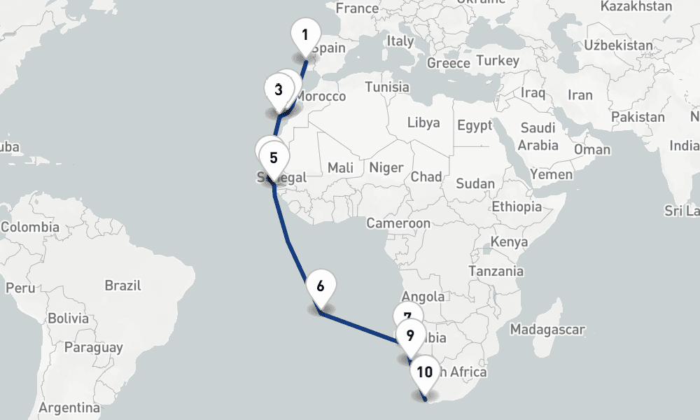 21 nights / 22 days, one-way from Lisbon to Cape Town