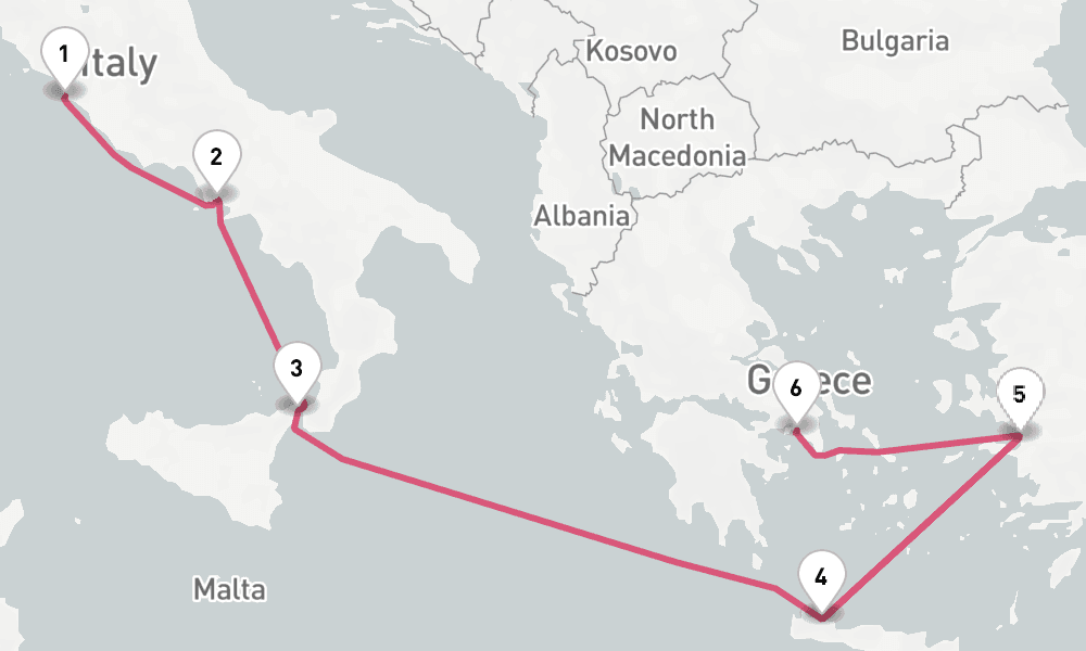 7 nights / 8 days, one-way from Civitavecchia (Rome, Italy) to Piraeus (Athens, Greece)