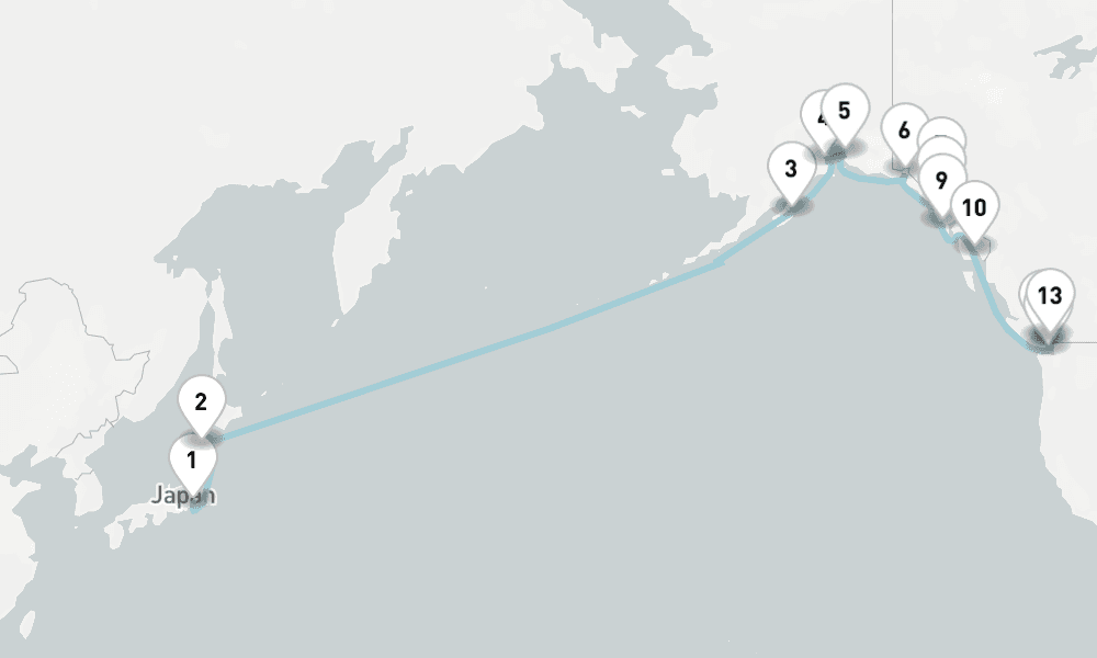 23 nights / 24 days, one-way from Tokyo to Vancouver (BC Canada)