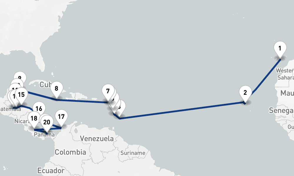 31 nights / 32 days, one-way from Las Palmas (Gran Canaria, Canary Islands) to Panama City (Fuerte Amador, Balboa)