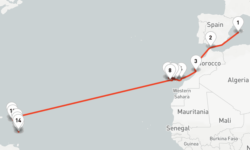 21 nights / 22 days, one-way from Palma de Mallorca (Majorca Island, Spain) to Fort-de-France (Martinique)