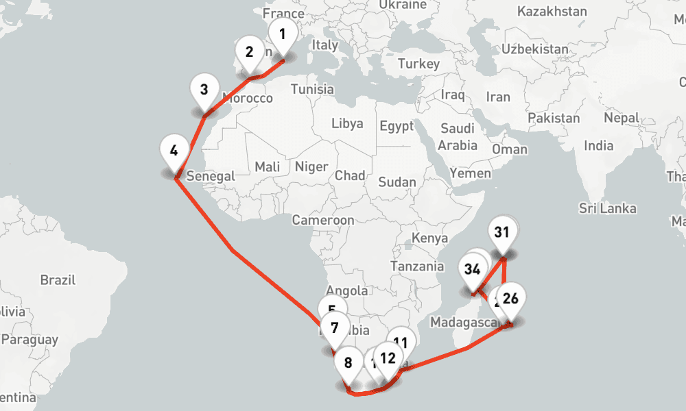 62 nights / 63 days, one-way from Palma de Mallorca (Majorca Island, Spain) to Port Louis (Mauritius Island)