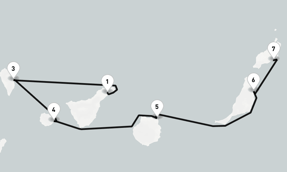7 nights / 8 days, one-way from Santa Cruz de Tenerife (Canary Islands) to Arrecife (Lanzarote, Canary Islands)