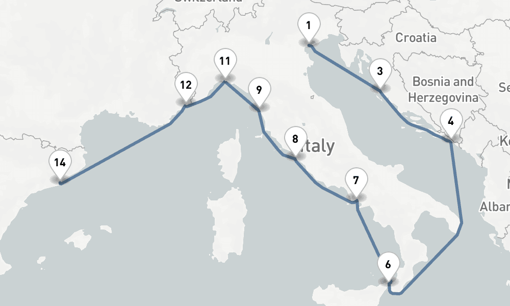 15 nights / 16 days, one-way from Venice to Barcelona