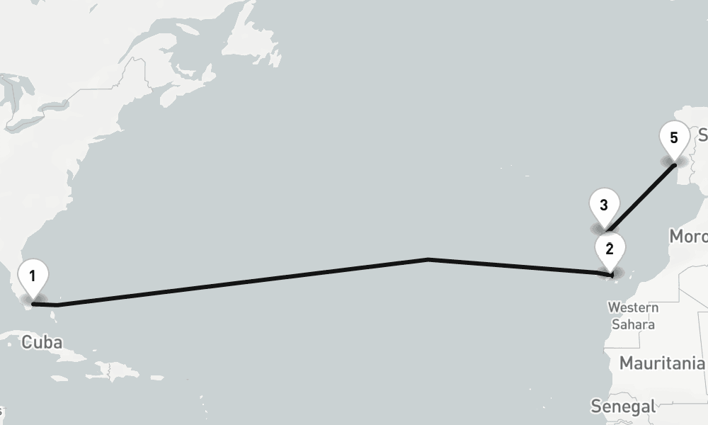 14 nights / 15 days, one-way from Miami (Florida) to Lisbon