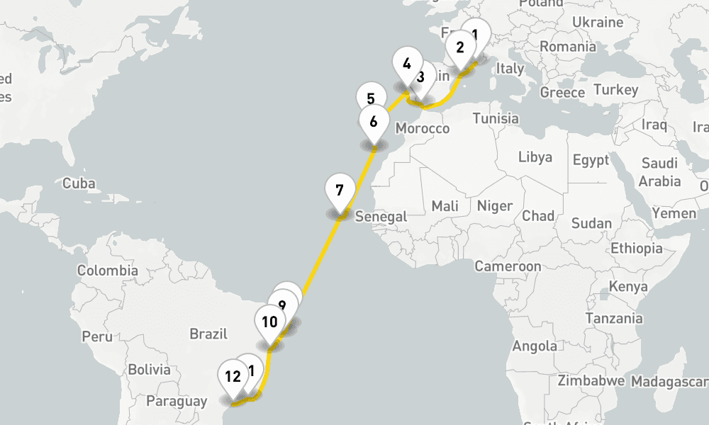 20 nights / 21 days, one-way from Marseille to Santos (Sao Paulo, Brazil)