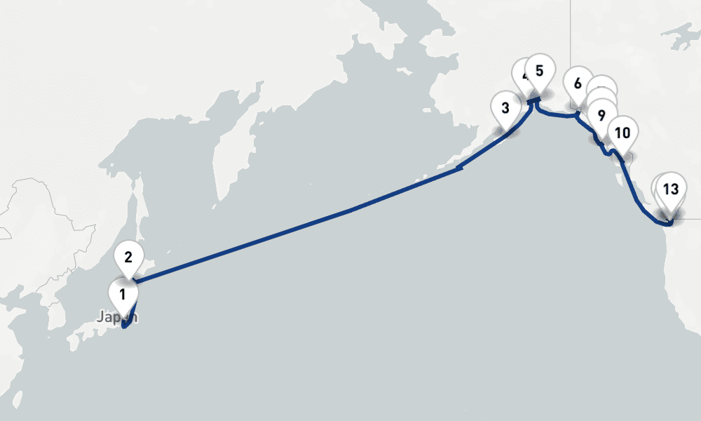 23 nights / 24 days, one-way from Tokyo to Vancouver (BC Canada)