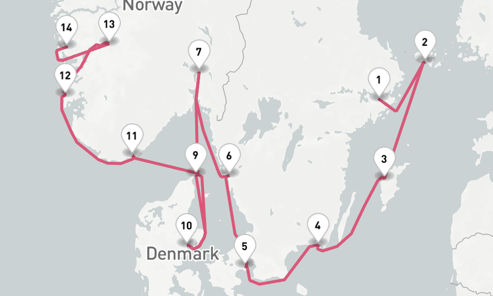 14 nights / 15 days, one-way from Stockholm to Bergen