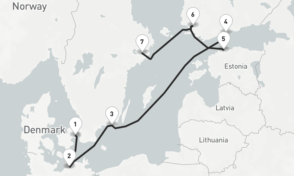 7 nights / 8 days, one-way from Copenhagen to Stockholm