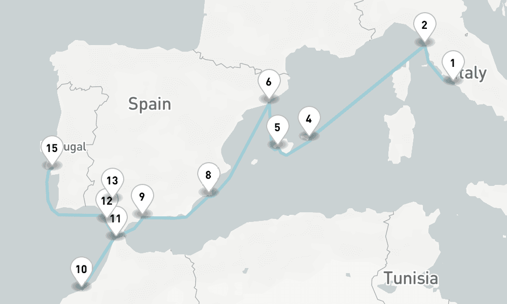 17 nights / 18 days, one-way from Civitavecchia (Rome, Italy) to Lisbon