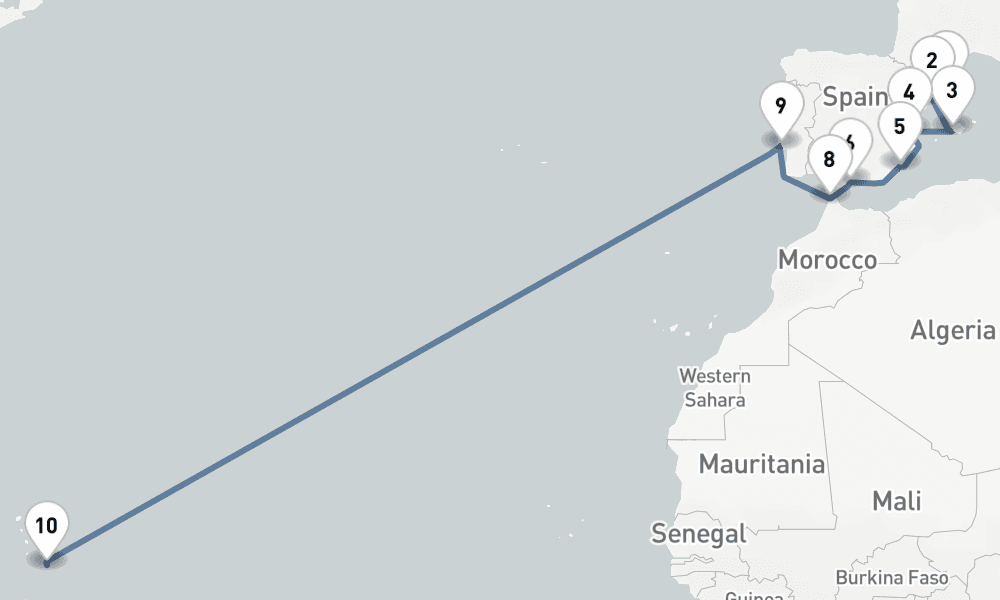 24 nights / 25 days, one-way from Barcelona to Bridgetown (Barbados)