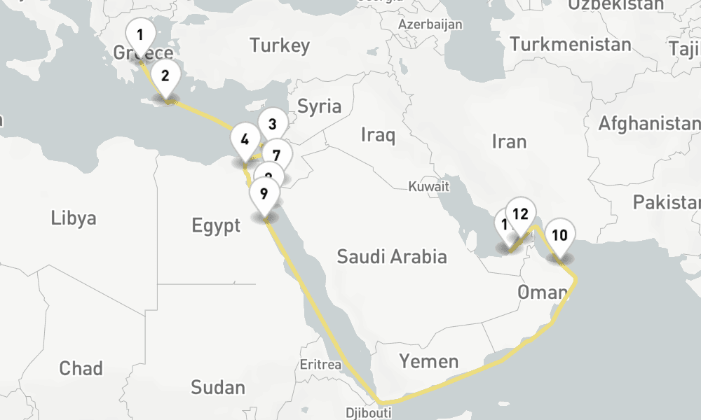 18 nights / 19 days, one-way from Piraeus (Athens, Greece) to Dubai (Port Rashid, UAE)