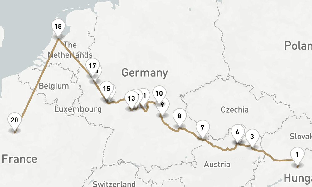 17 nights / 18 days, one-way from Budapest to Paris
