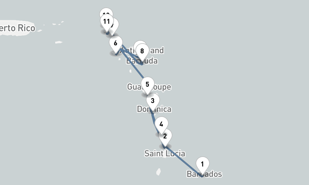 10 nights / 11 days, one-way from Bridgetown (Barbados) to Philipsburg (St Maarten Island, Dutch Antilles)