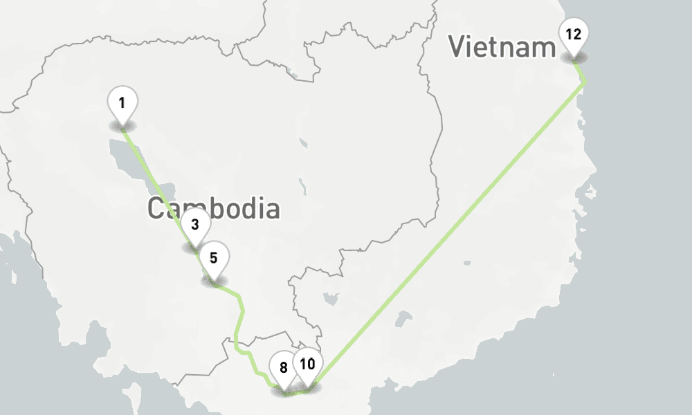 8 nights / 9 days, one-way from Siem Reap to Phu My (Ho Chi Minh City / Saigon, Vietnam)