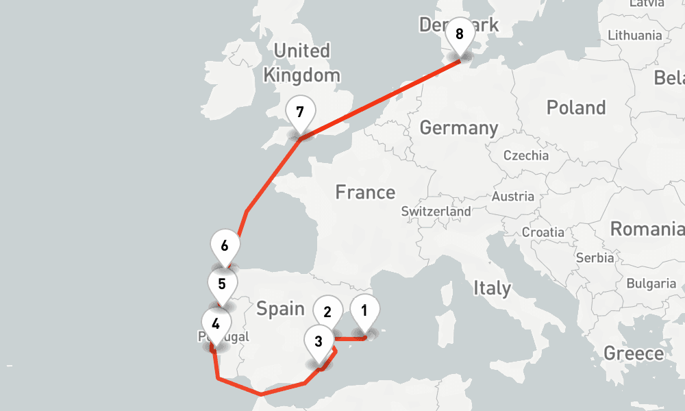 11 nights / 12 days, one-way from Palma de Mallorca (Majorca Island, Spain) to Kiel