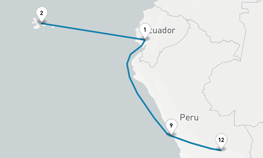 14 nights / 15 days, one-way from Guayaquil to Callao (Lima, Peru)