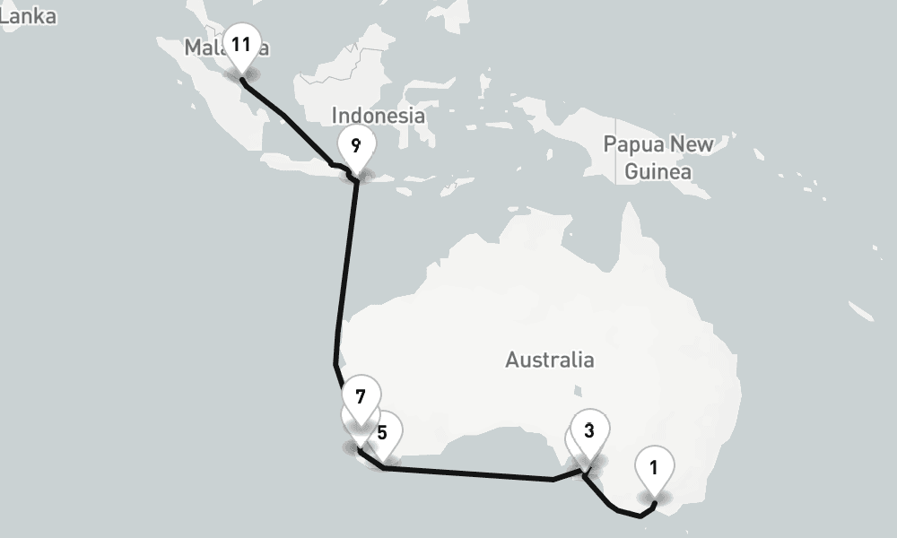 19 nights / 20 days, one-way from Melbourne (Victoria, Australia) to Singapore
