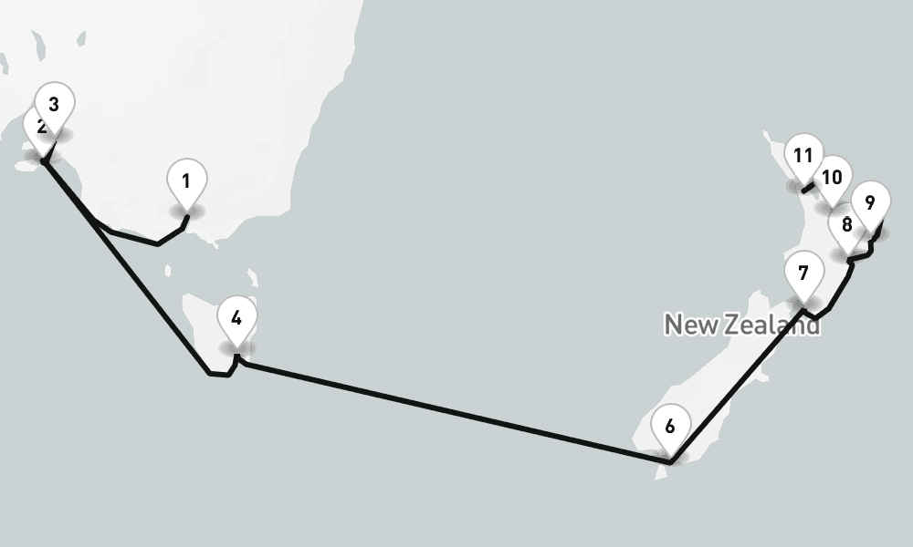 16 nights / 17 days, one-way from Melbourne (Victoria, Australia) to Auckland