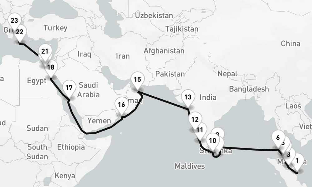 35 nights / 36 days, one-way from Singapore to Piraeus (Athens, Greece)
